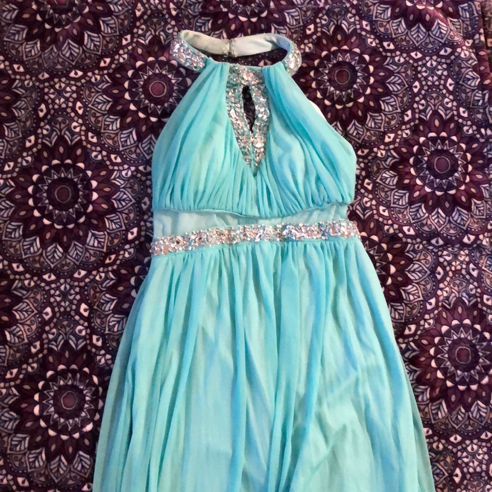 Floor length teal dress